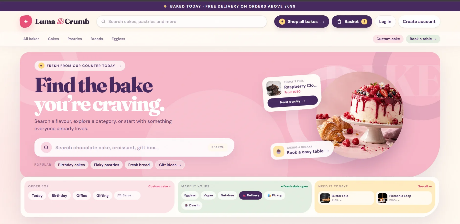 Luma and Crumb bakery e-commerce website homepage