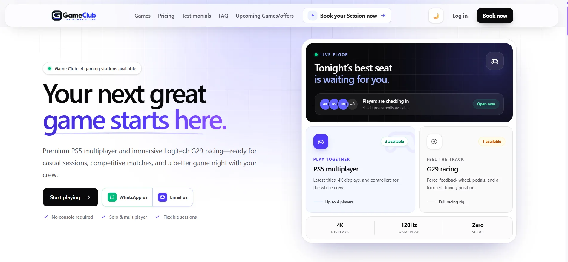 Game Club booking and management web application homepage